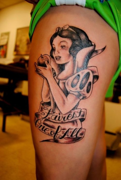 Snow White Grey Ink Optical Illusion Tattoo On Left Thigh